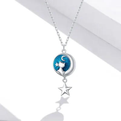 Blue Enamel Moon & Cat Pendant Necklace