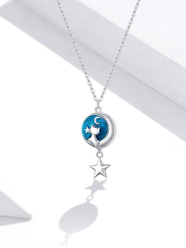 Blue Enamel Moon & Cat Pendant Necklace