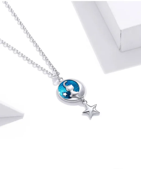 Blue Enamel Moon & Cat Pendant Necklace