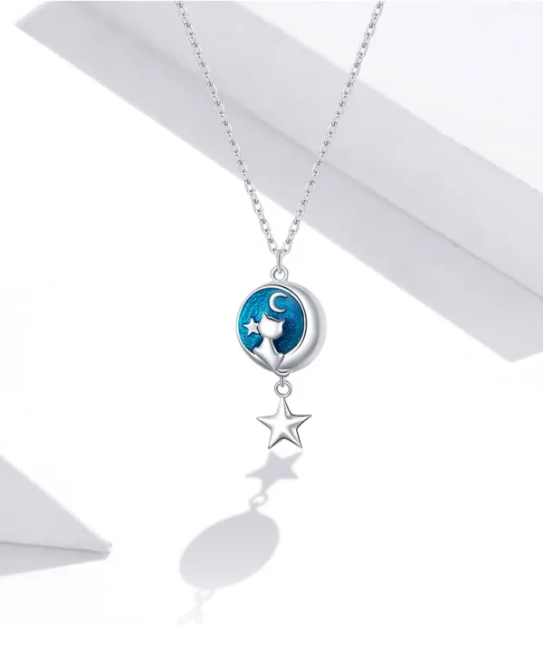 Blue Enamel Moon & Cat Pendant Necklace