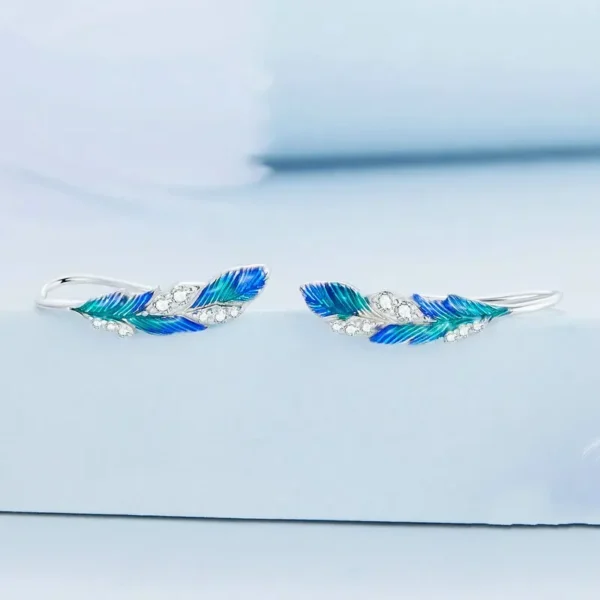 Elegant Silver Blue Feather Earrings