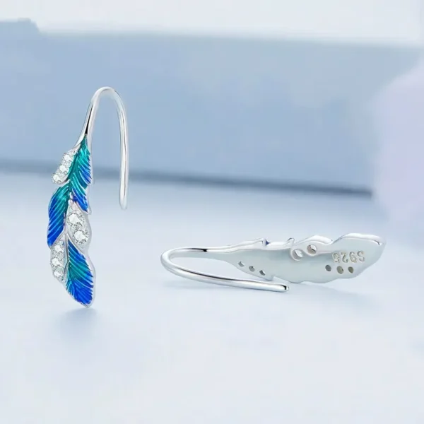 Elegant Silver Blue Feather Earrings